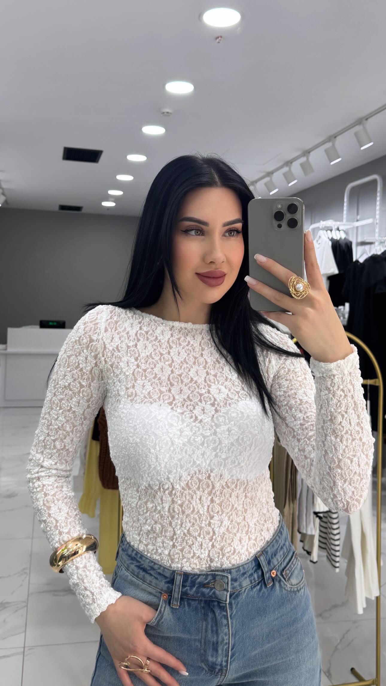 Transparan Dantel Likrali Bluz