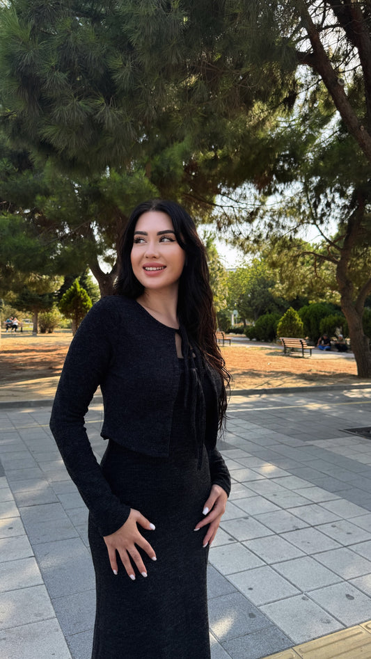 Bağlama Detay Hırka Elbise Takım