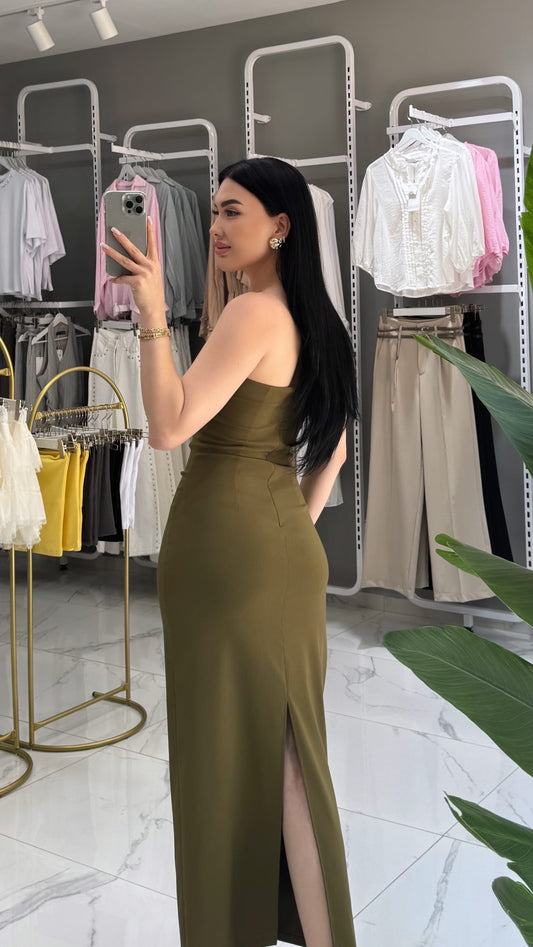 Straplez Büzgülü Midi Boy Elbise