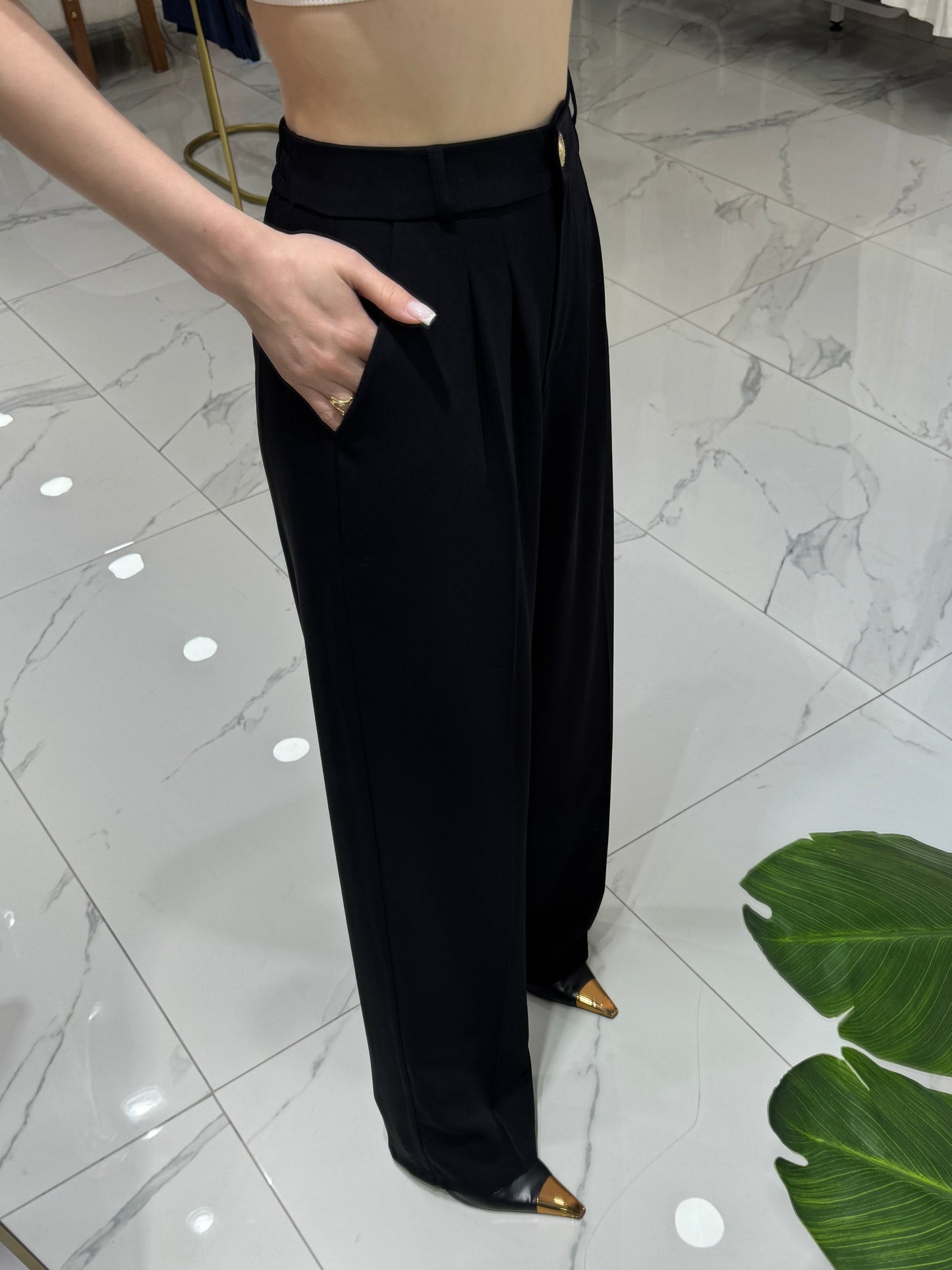Sıyah Pileli Palazzo Pantalon