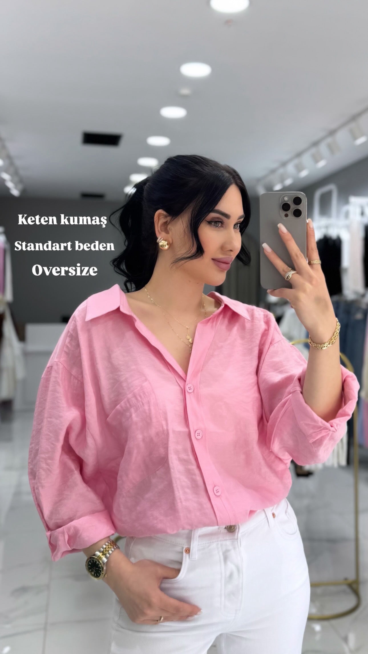 Şeker pembe Keten gömlek