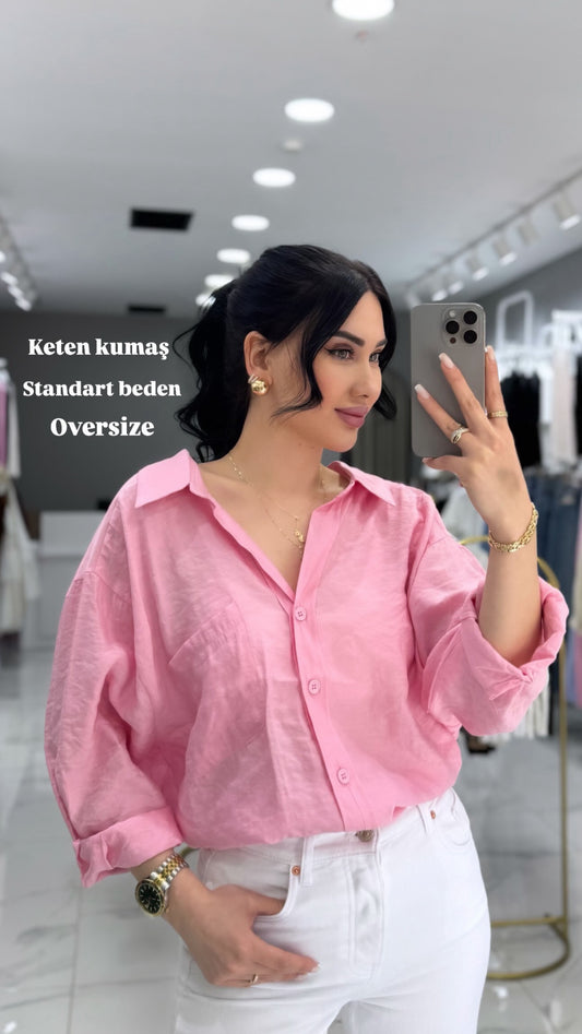 Şeker pembe Keten gömlek